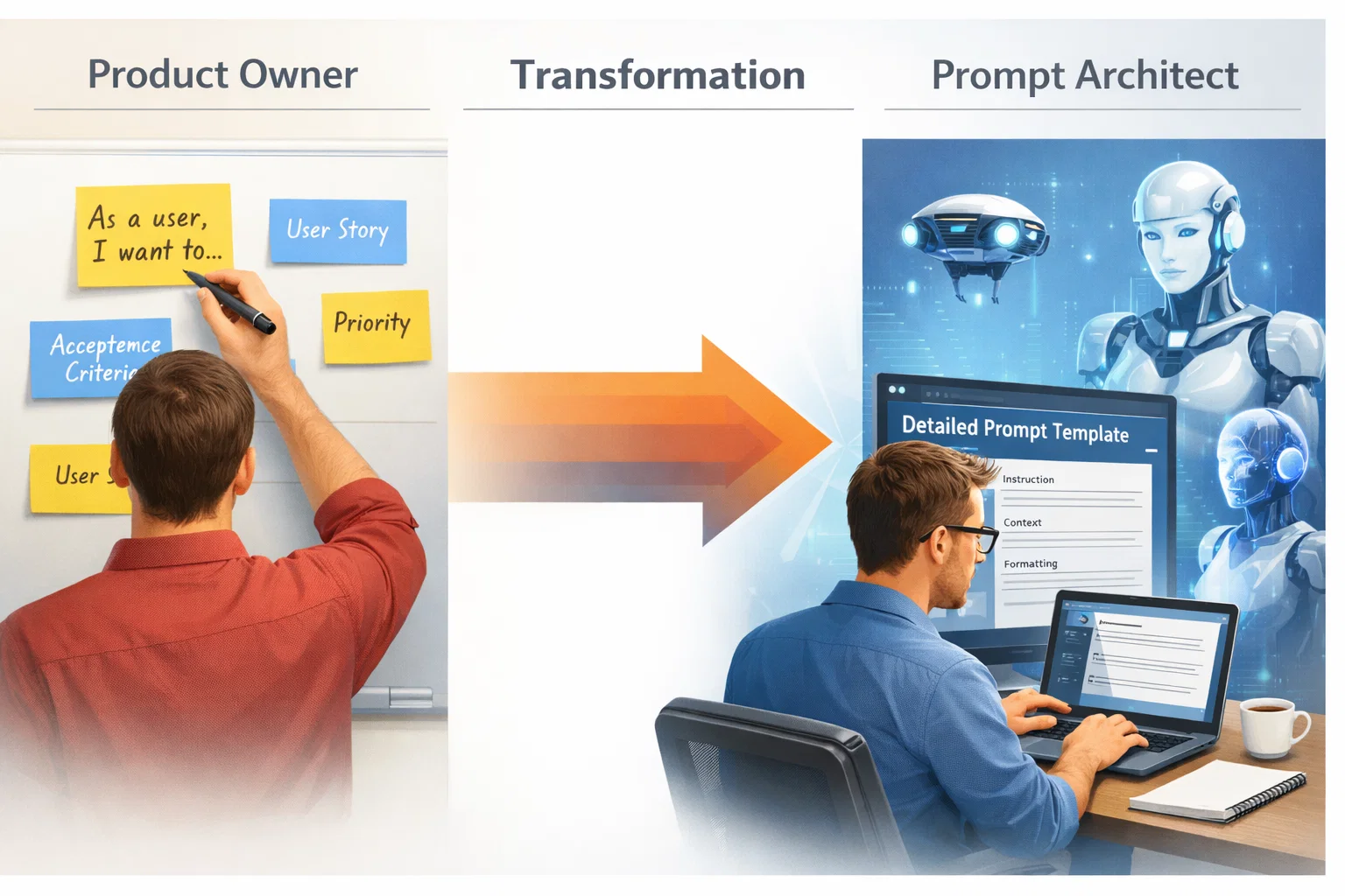 Product Owner transformation diagram: User Stories → Prompt Templates → Agent Instructions