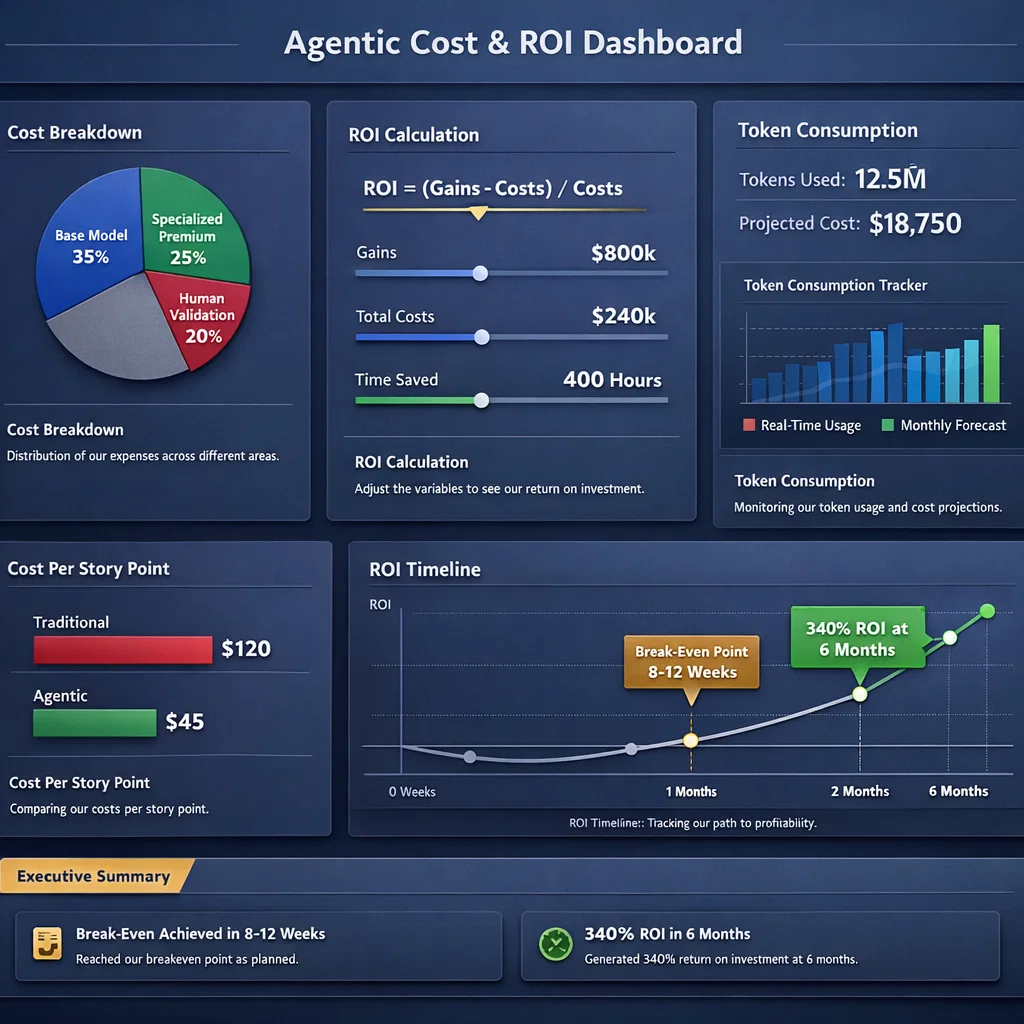 Dashboard showing cost per story point, ROI calculations