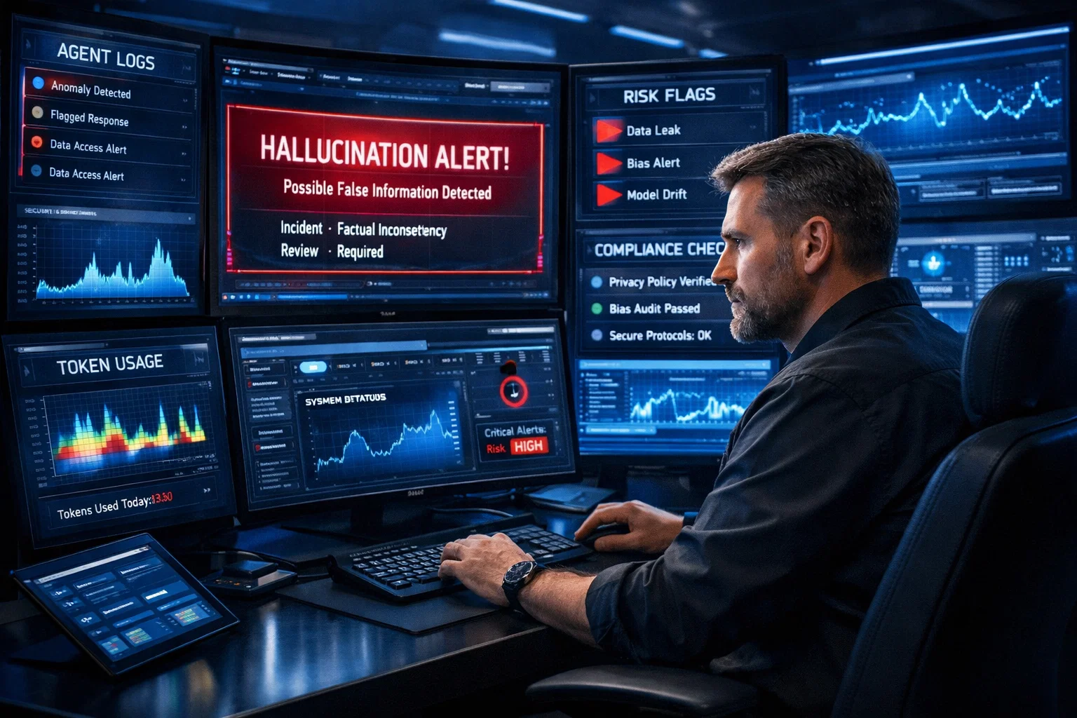 Scrum Master dashboard showing agent logs, risk flags, and compliance checks