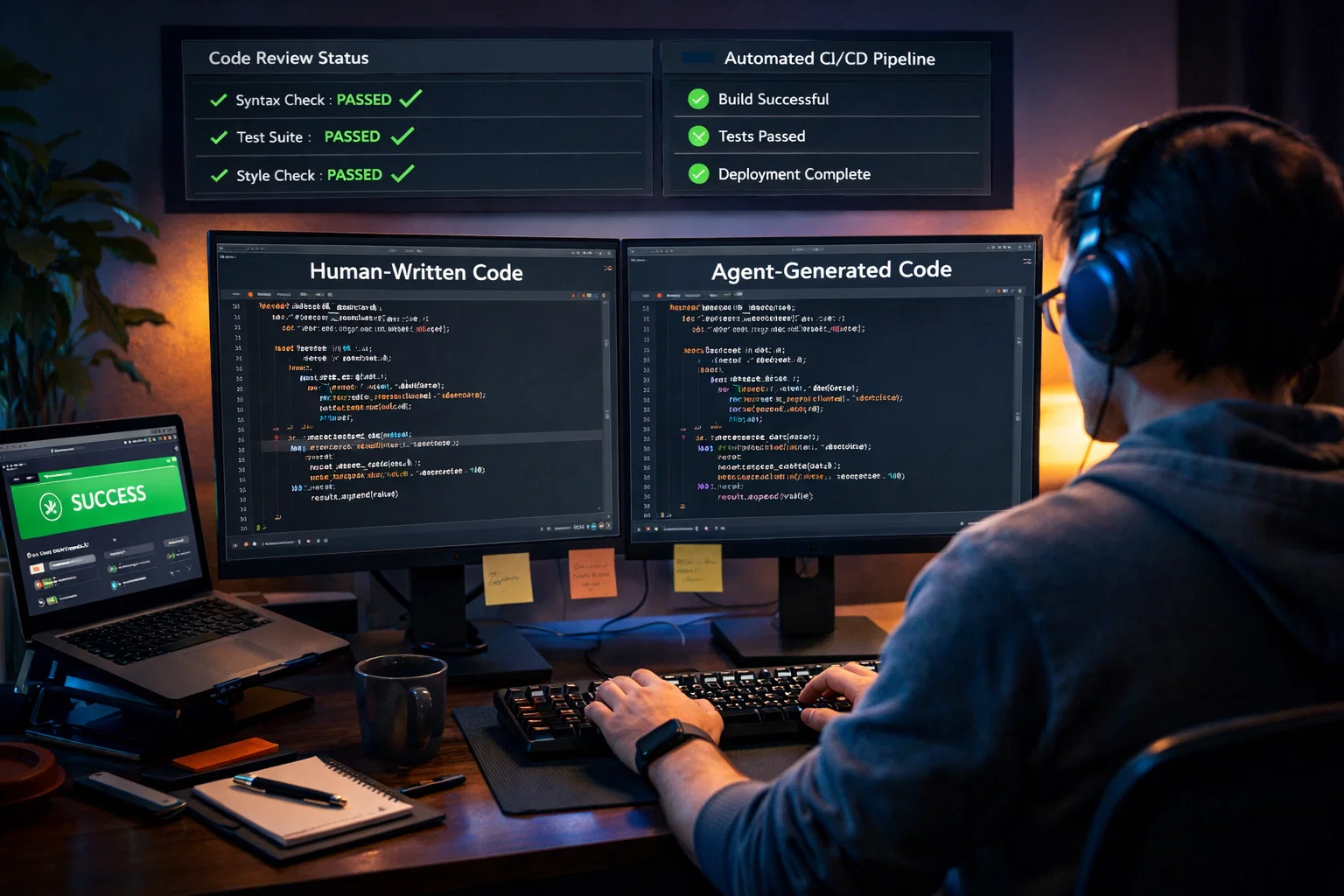 Developer workstation showing code review interface comparing human and agent outputs