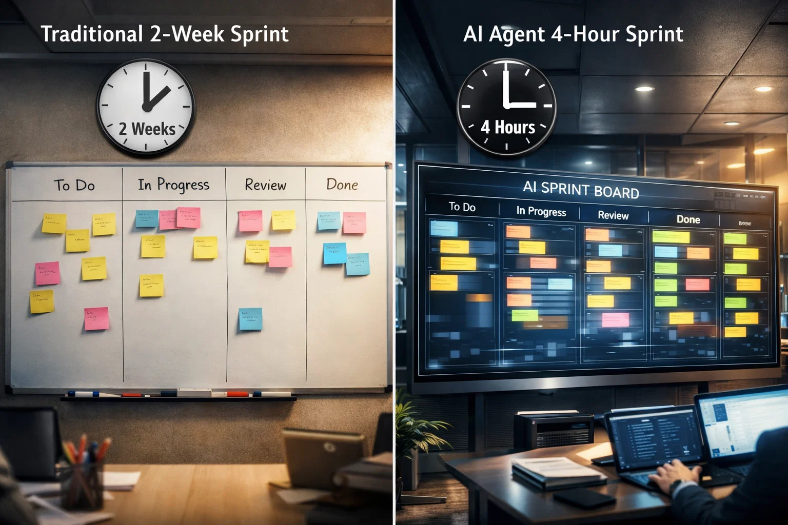 Chart showing traditional 2-week sprint vs agentic 4-hour completion time comparison
